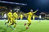 Bildet viser Bodø/Glimts Kasper Høgh som jubler etter 3-0 målet under fotballkampen i Champions League mellom Bodø/Glimt og Sporting på Aspmyra stadion. Foto: Fredrik Varfjell / NTB