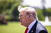 Donald Trump i profil snakker utendørs foran grønt gress og en fontene.