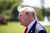 Donald Trump i profil snakker utendørs foran grønt gress og en fontene.