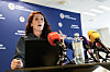 Bildet viser fotballpresident Lise Klaveness under Norges Fotballforbundets (NFF) pressekonferanse. Foto: Terje Bendiksby / NTB