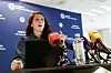 Bildet viser fotballpresident Lise Klaveness under Norges Fotballforbundets (NFF) pressekonferanse. Foto: Terje Bendiksby / NTB