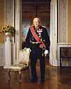 Kong Harald i uniform med flere medaljer står foran en åpen dør i en stor sal på slottet. Han lener seg mot en stol.