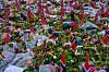 Blomster og små norske flagg ligger tett på Slottsplassen før gravferden for kong Harald.
