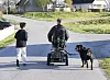 Person i elektrisk rullestol på vei med sønn og hund i boligområde.