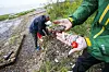 Miljøverner holder plastpellets over en forurenset strand mens en annen samler avfall i bakgrunnen.