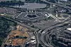 Luftfoto av Pentagon omgitt av motorveier, parkeringsplasser og elvelandskap nær Washington.