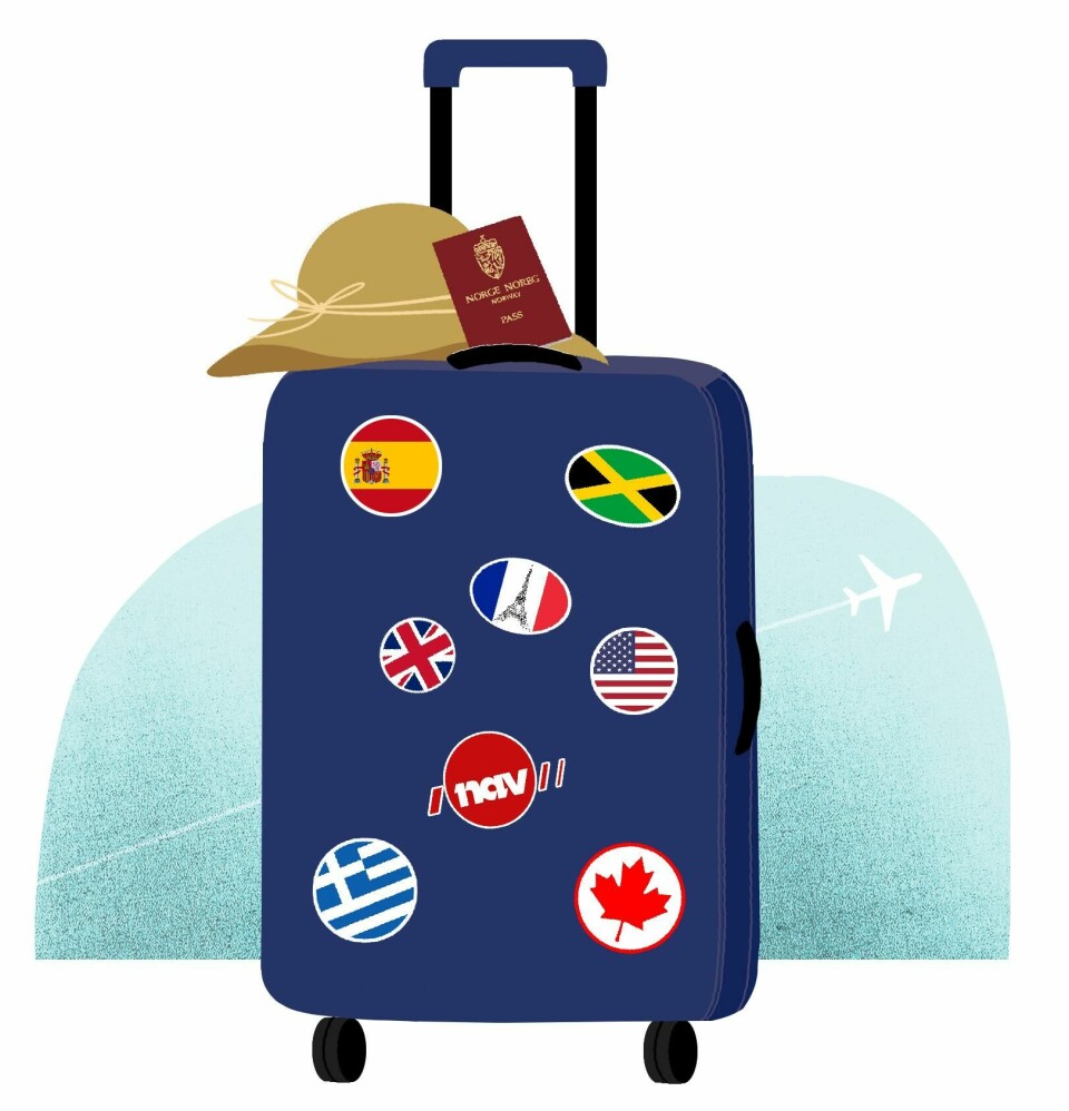 TRØBBEL: Mange av de dømte trodde de kunne reise i Europa mens de fikk stønad fra Norge. Bildet er en illustrasjon av en koffert. Det er runde klistremerker på den. Mange er fra ulike land, men en er også logoen til Nav. Det er en hatt og et pass på toppen av kofferten.