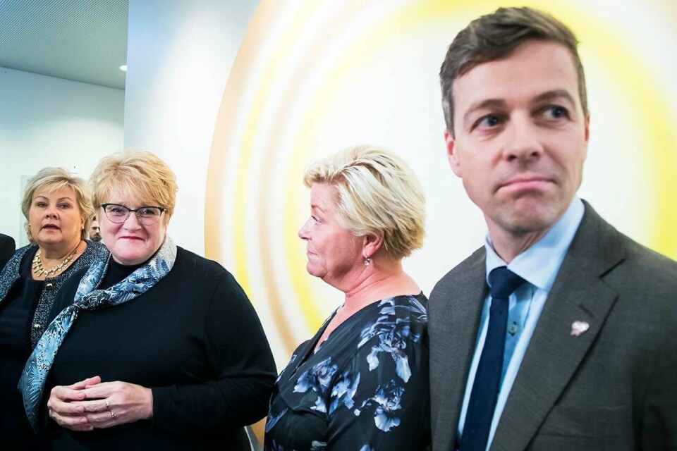ENIGE? Erna Solberg i Høyre, Trine Skei Grande i Venstre, Siv Jensen i Fremskrittspartiet og Knut Arild Hareide i Kristelig Folkeparti. De fire har samarbeidet, men blir de enige om budsjettet?