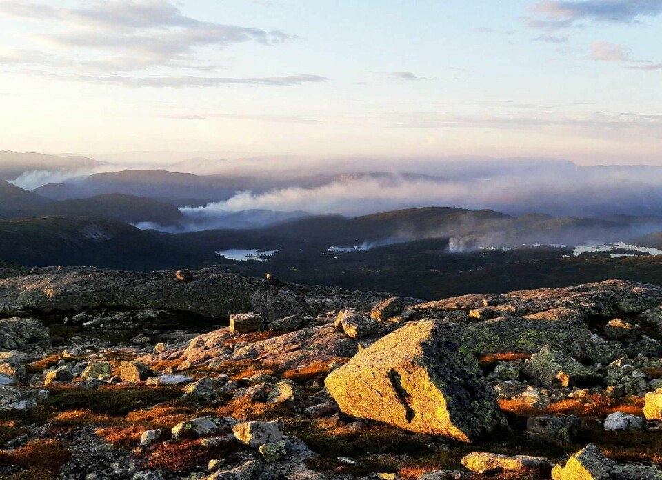 BRANN: Røyken fra flere skogbranner kan ses her fra en topp i Valle i Setesdal.