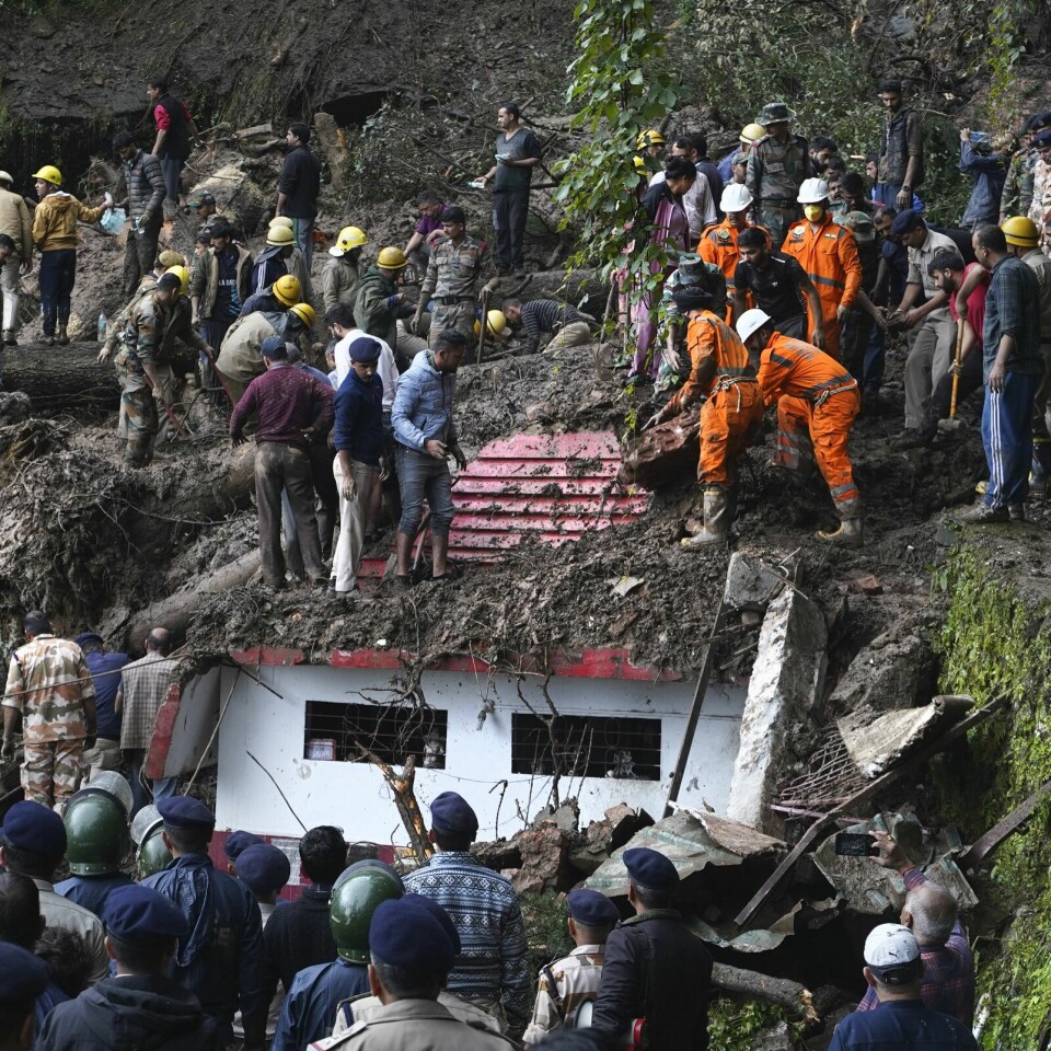 JORDSKRED: Redningsarbeidere søker etter personer som fryktes fanget av et jordskred. Dette er nært et tempel i utkanten av delstats-hovedstaden Simla i indiske Himachal Pradesh. Redningsarbeidere leter etter overlevende i utkanten av Shimla i den indiske delstaten Himachal Pradesh, der styrtregn utløste flere store jordras i helgen. Foto: AP / NTB
