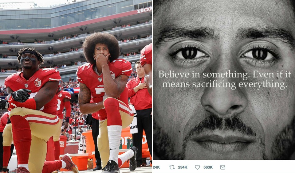 DEBATT: Colin Kaepernick er med i den nye kampanjen til Nike (til høyre). På plakaten står det «Tro på noe, selv om du må ofre alt». Kaepernick startet en protest i 2016. Han fikk idrettsfolk til å knele under nasjonalsangen til USA.