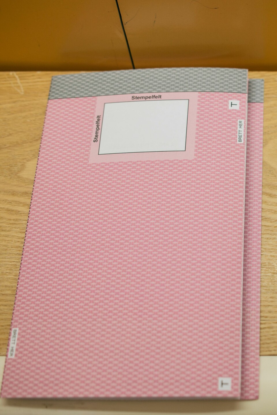 STEMMESEDDEL: Stemmeseddelen skal brettes. Navnet på partiet brettes inn. På forsiden vil du da se et felt for stempling. Stemmeseddel