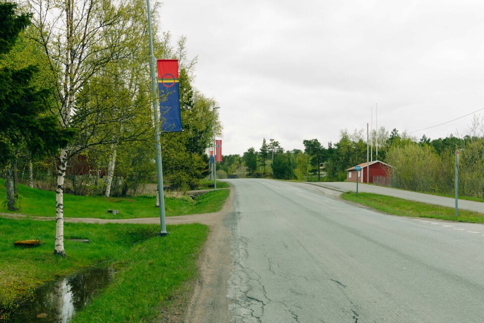 SAMISK: Hamarøy er en samisk kommune. Langs veiene er det både samiske og norske flagg. Bildet viser samiske og norske flagg på lyktestolper i Hamarøy kommune.