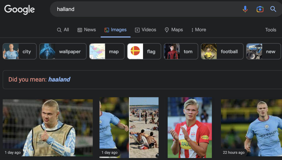 BOM: Bildesøkene til Google sliter med å skille fylket Halland og fotballspilleren Haaland. Bildet viser et søk i Google bilder. Det er søkt på Halland, men bildene er i all hovedsak av Erling Braut Haaland. Skjermdump: Arnfinn Storsveen / Klar Tale