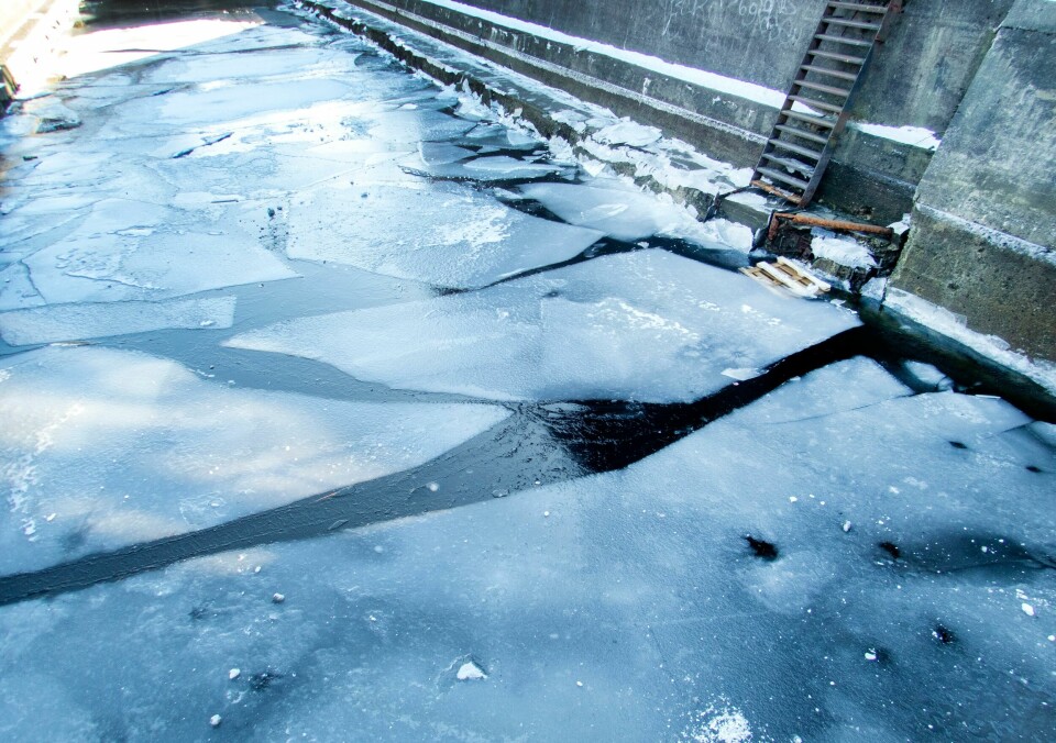 IS: Noen vil ha båten på vannet i vinter. Da er det viktig å ha plass i ei havn som er isfri året rundt. Bildet er fra ei havn. Det ligger store flak med is helt inntil brygga.