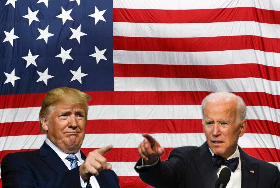 PRESIDENT: Joe Biden (til høyre) kan bli valgt til president i USA. Men Donald Trump kan også vinne og bli president i fire år til. Bildet er satt sammen av tre ulike bilder.