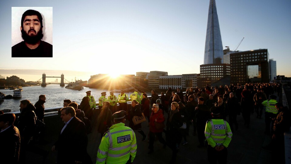 TERROR: Usman Khan (det lille bildet) drepte to personer og skadet tre personer. Han angrep folk på London Bridge i Storbritannia.