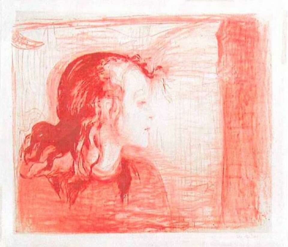 STJÅLET: To litografier av Edvard Munch er borte. Det ene er «Syk pike». Bildet viser litografiet «Syk pike» av Edvard Munch. Det er stjålet.