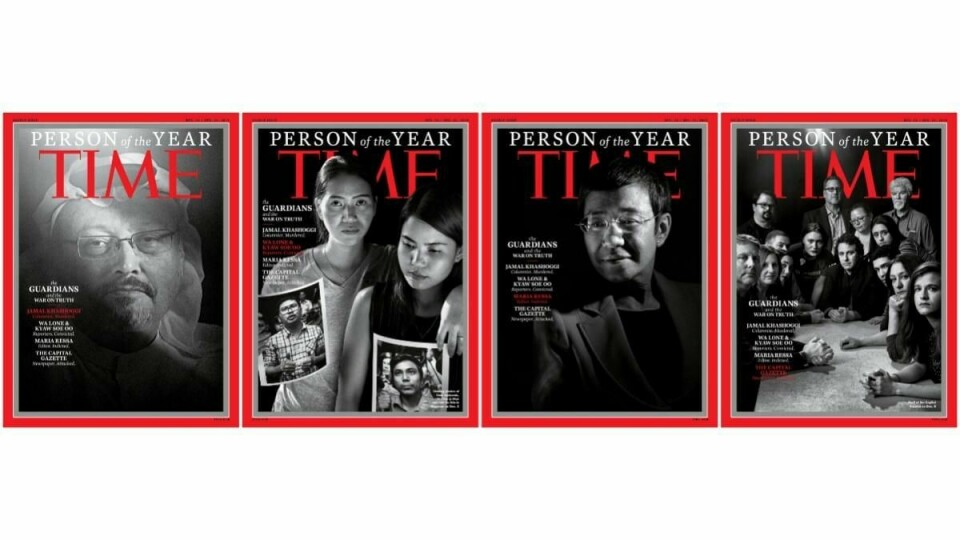 ÅRETS PERSONER: Fra venstre er Jamal Khashoggi, konene til fengslede journalister Wa Lone og Kyaw Soe Oo, Maria Ressa og journalister fra avisa Capital Gazette.