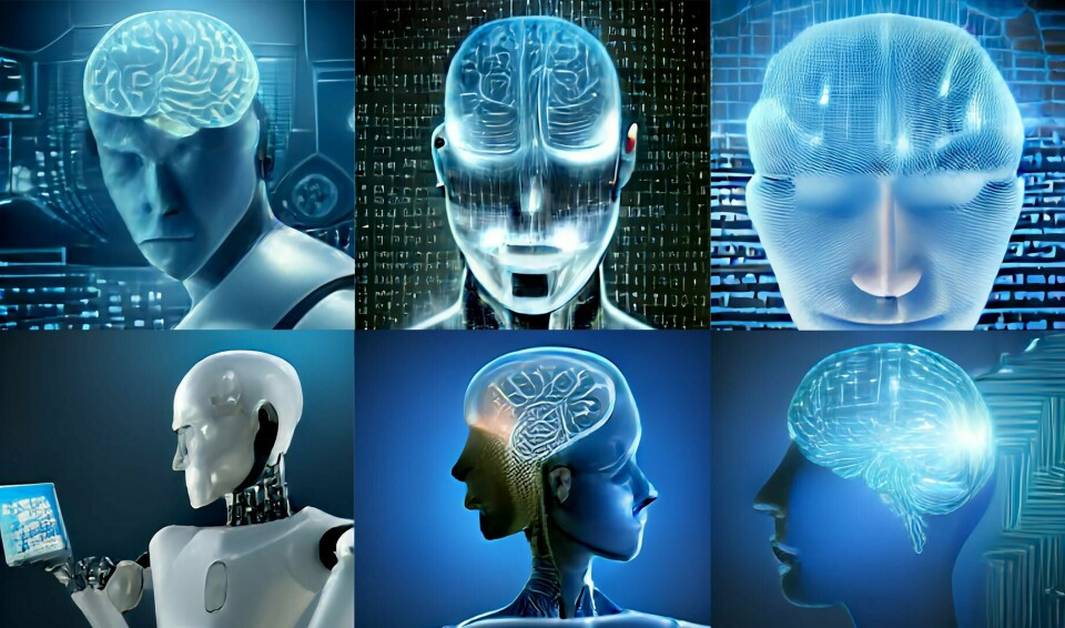 BEKYMRET: Mange nordmenn synes kunstig intelligens er skummelt. Det viser en ny undersøkelse. Seks bilder av en robot og blå hjerne.