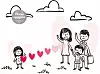 Tegning av en familie. Hvor mor, far og bror står sammen med et stort rosa hjerte bak seg. Små hjerter forlater familien og flyter over til datteren som har hånden sin oppe å vinker 'hadet' til familien sin. Det er gress på bakken og skyer på himmelen.