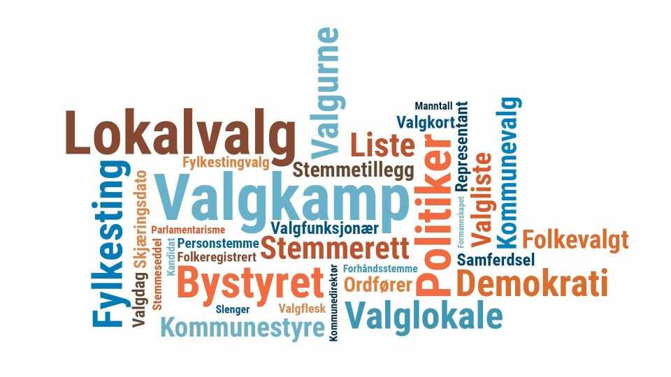 VALG: 11. september er det valgdag. Klar Tales lettleste valgordliste gjør valget lettere å forstå. Ordsky med valgord. Noen er store og blå, små og mørkeblå og store og oransje/rød.