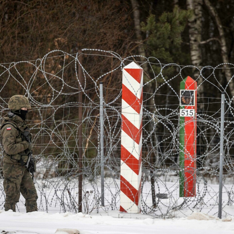 STENGT: Et gjerde sørger for at det er stengt på grensa mellom Polen og Hviterussland. Tirsdag startet Polen å bygge en mer varig mur på grensa, som skal bli dobbelt så høy som gjerdet. Bildet er av en polsk soldat som går i snøen langs grensa mot Hviterussland. Han har på kamuflasjeuniform. I bakgrunnen er det skog. På grensa er det et høyt gjerde med piggtråd. Foto: Wojtek Radwanski / AFP / NTB