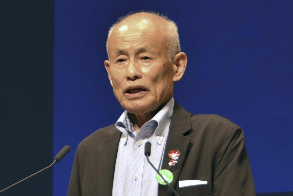 NOBELS FREDSPRIS: Tomoyuki Minomaki er president i Nihon Hidankyo. Organisasjonen vinner Nobels fredspris i 2024. Leder Toshiyuki Mimaki for Nihon Hidankyō sammenligner situasjonen i Japan for 80 år siden med den Gazas barn står i nå. Foto: Kyodo News via AP / NTB
