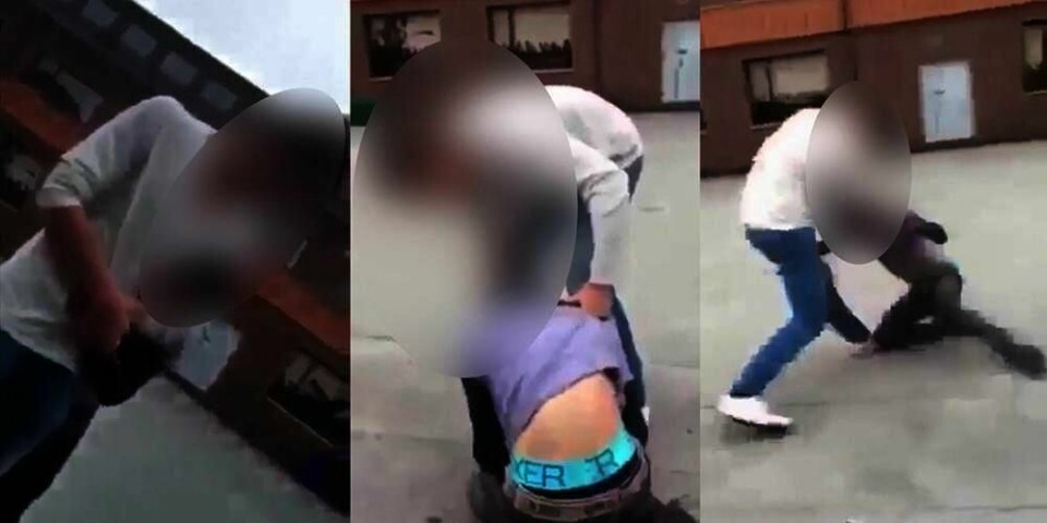 VOLD: Bildene er fra en video som ble spredd på sosiale medier. En 19-åring banker en 18-årig flyktning.