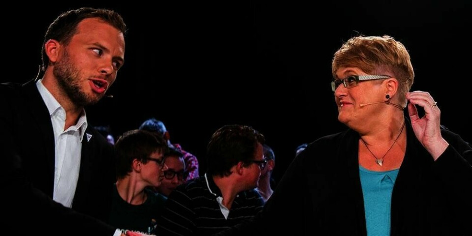 VALG: Det blir tre muligheter til å se partilederne snakke om planene sine på TV den neste måneden. Der møtes blant andre Audun Lysbakken i Sosialistisk Venstrepart (til venstre) og Trine Skei Grande i partiet Venstre. NRK sender debatt mandag og fredag 11. september. TV 2 har debatt på TV torsdag 10. september. I tillegg viser TV-kanalene opptak fra ulike deler av landet.