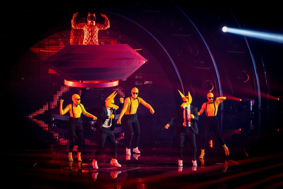 VIDERE: Subwoolfer sang i semifinalen tirsdag. De er videre til finalen i Eurovision. Bildet viser Subwoolfer på scenen i semifinalen. Foto: Heiko Junge / NTB