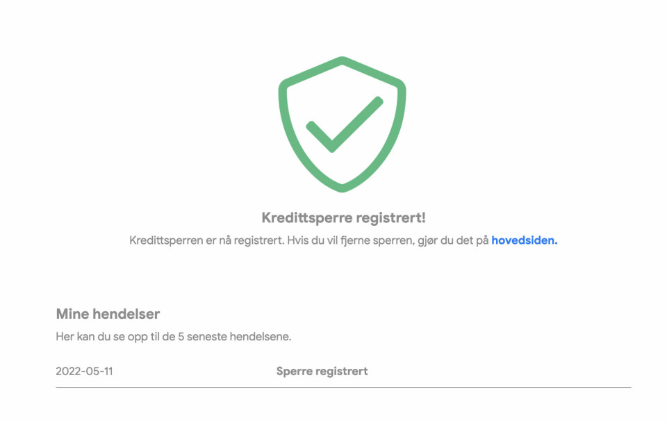 SPERRET: Mange nordmenn blir rådet til å legge inn sperre mot kredittsjekk. Bildet er en skjermdump av at kredittsperre er registrert. Det er også en sperre mot kredittsjekk. Illustrasjonsfoto: Skjermdump / Arnfinn Storsveen / Klar Tale
