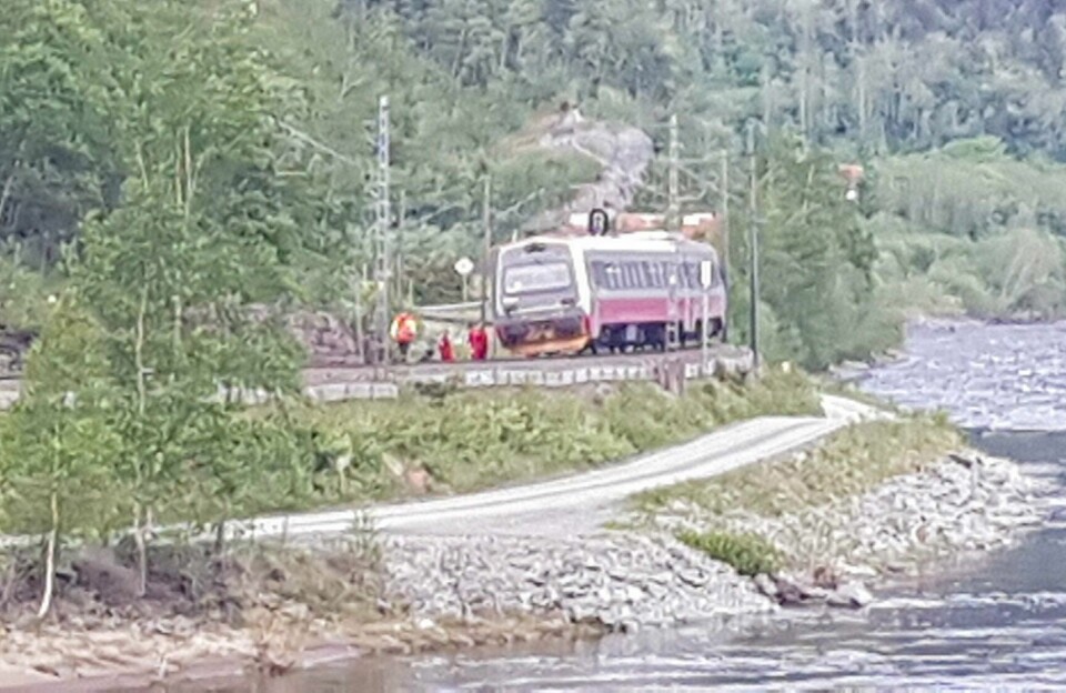 ULYKKE: Ulykken skjedde ved Håggåbrua i Midtre Gauldal. Bildet viser toget som kræsjet med en traktor. Ulykken skjedde ved Håggåbrua i Midtre Gauldal.