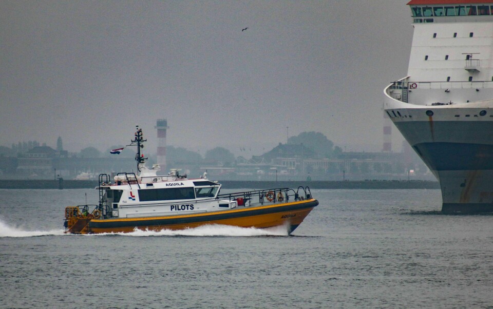 LETING; En redningsbåt leter i Calandkanaal nær Rotterdam i Nederland. To personer er savnet etter en flystyrt 5. juni. (Photo by ANP / AFP) / Netherlands OUT Bildet viser en redningsskøyte som bistår i letingen etter to savnede fra et flystyrt.