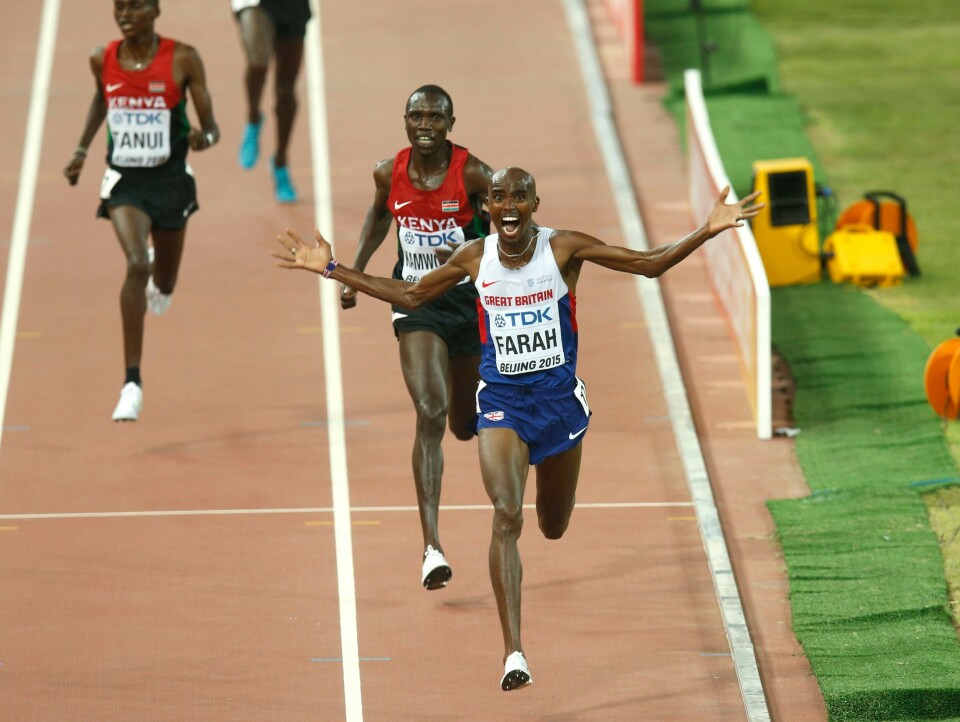 LØPING: Mo Farah har vunnet mange gullmedaljer gjennom karrieren. Her vant han 10.000 meter i VM i 2015 i Kina. Mo Farah har samlet en haug av gullmedaljer i sin karriere. Her vant han 10.000 meter i VM i 2015 i Kina.Foto: Vidar Ruud / NTB