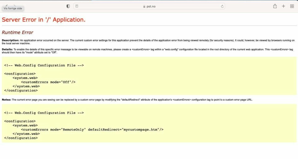 FEIL: Slik så nettsiden til PST ut torsdag formiddag. Feilmelding på PSTs nettsider. Foto: skjermdump / NTB