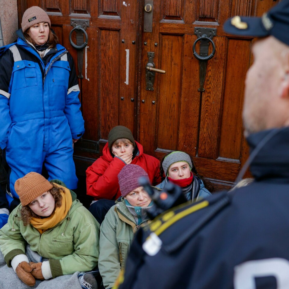 DEMONSTRASJON: Politi og aksjonister ved en av inngangene til Finans-departementet. Aksjonistene fortsetter sin demonstrasjon i regjeringskvartalet tirsdag. Bildet viser politi og aksjonister ved en av inngangene til Finansdepartementet.