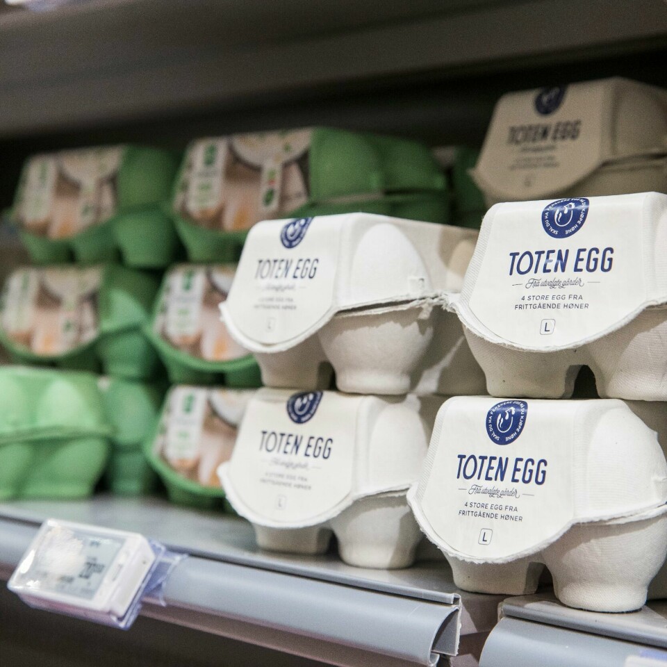 EGG: Regjeringen vil at norske egg fortsatt skal kunne vare lenger enn i resten av EU/EØS-området. Bildet viser eggekartonger i en butikkhylle.