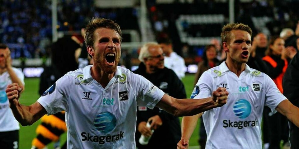 JUBEL: Fotballaget Odd jublet etter seieren over Sarpsborg torsdag. De sikret seg plass i finalen i norges-mesterskapet (NM) i fotball. Der møter de Molde.