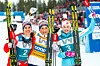 Trondheim 20200223. 
Therese Johaug (i midten) jubler for seieren i kvinnenes Ski Tour sammen med Heidi Weng (t.v.) som kom på 2. plass og Ingvild Flugstad Østberg som kom på tredje plass i Granåsen i Trondheim søndag.
Foto: Terje Pedersen / NTB scanpix