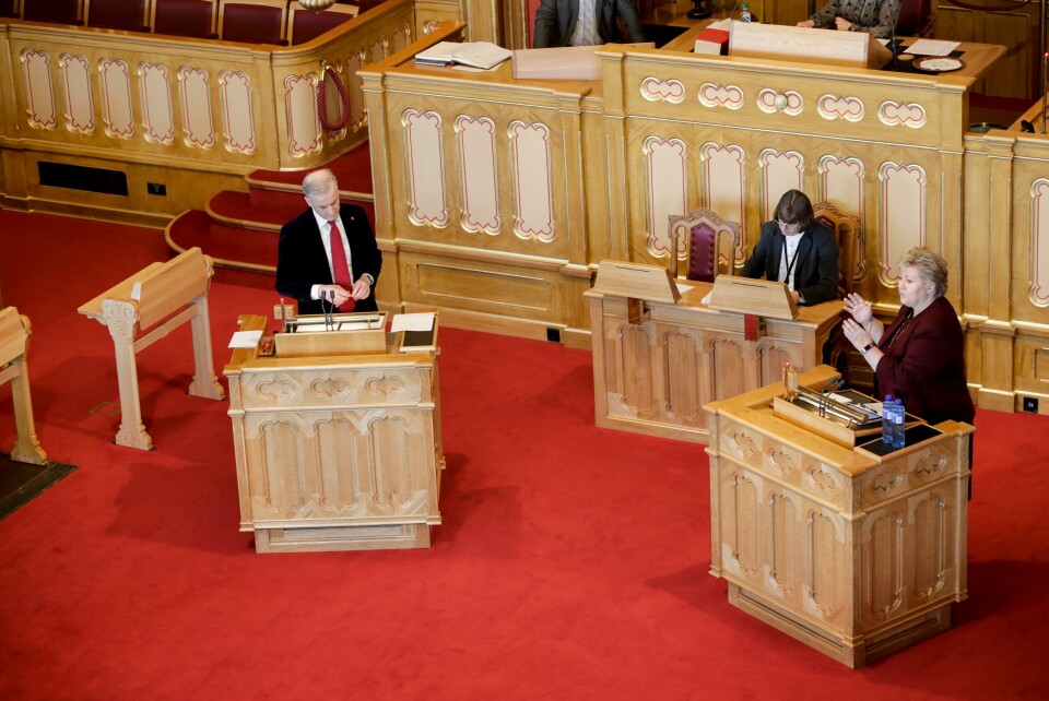 OSLO 20200311. Statsminister Erna Solberg (H) i muntlig spørretime på Stortinget. Ap leder Jonas Gahr Støre stiller spørsmål til statsministeren.Foto: Vidar Ruud / NTB scanpix OSLO 20200311. Statsminister Erna Solberg (H) i muntlig spørretime på Stortinget. Ap leder Jonas Gahr Støre stiller spørsmål til statsministeren.Foto: Vidar Ruud / NTB scanpix