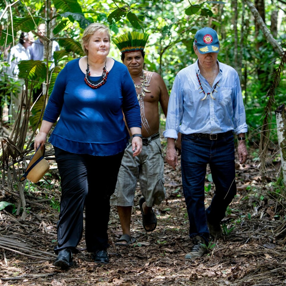 BIDRAR: Norge skal bidra i et nytt samarbeid for å redde regnskog. Her er statsminister Erna Solberg på besøk i en regnskog Colombia i 2018.