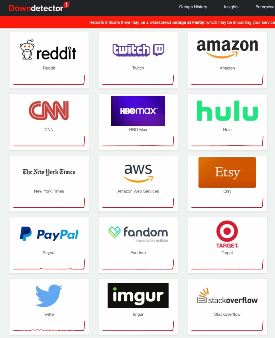 FEIL: Mange nettsider har problemer nå. Linjen under logoen viser hvor mange brukere som melder om vansker med å komme seg på siden. Bildet er en oversikt over flere store nettsider. Det viser logoen, og hvor mange som sliter med å komme seg inn på siden. Alle har stor økning den siste tiden.