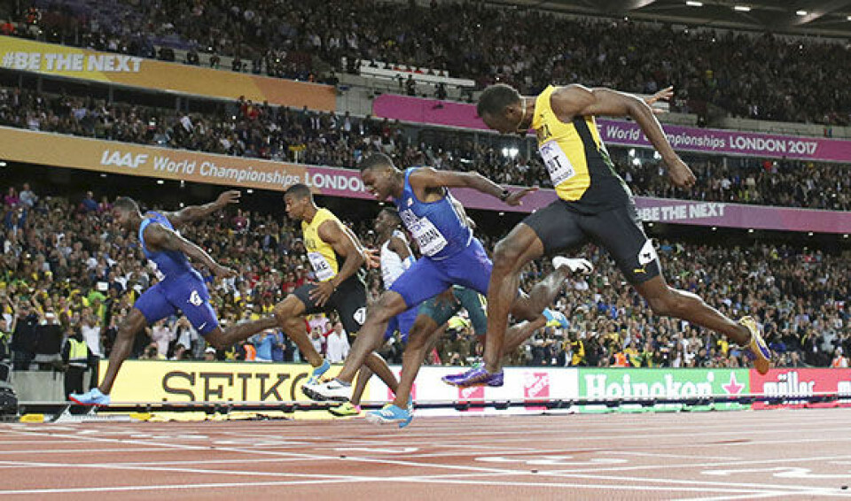 SLÅTT: Usain Bolt (nærmest kamera) løp sin siste 100 meter i et mesterskap. Der ble han nummer tre. SLÅTT: Usain Bolt (nærmest kamera) løp sin siste 100 meter i et mesterskap. Der ble han nummer tre.