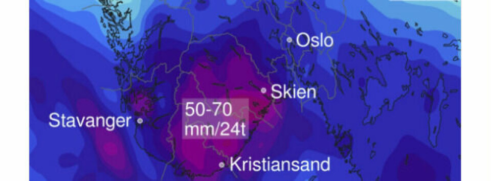 OBS: Det blir mye regn i fire fylker fredag, melder Meteorologisk Institutt. Bildet viser et værkart med skyer.
