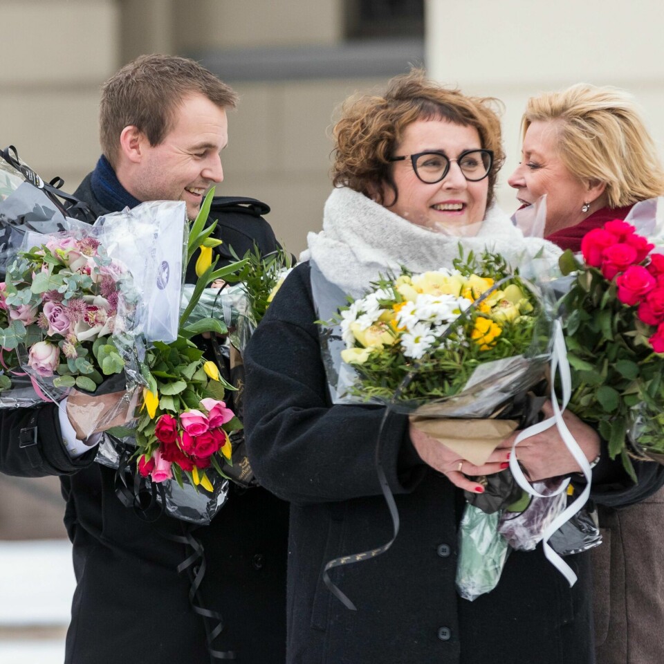 STATSRÅDER: Kristelig Folkeparti har blitt med i regjeringen. Kjell Ingolf Ropstad (til venstre) og Olaug Bollestad (i midten) er to av KrFs tre statsråder i regjeringen.