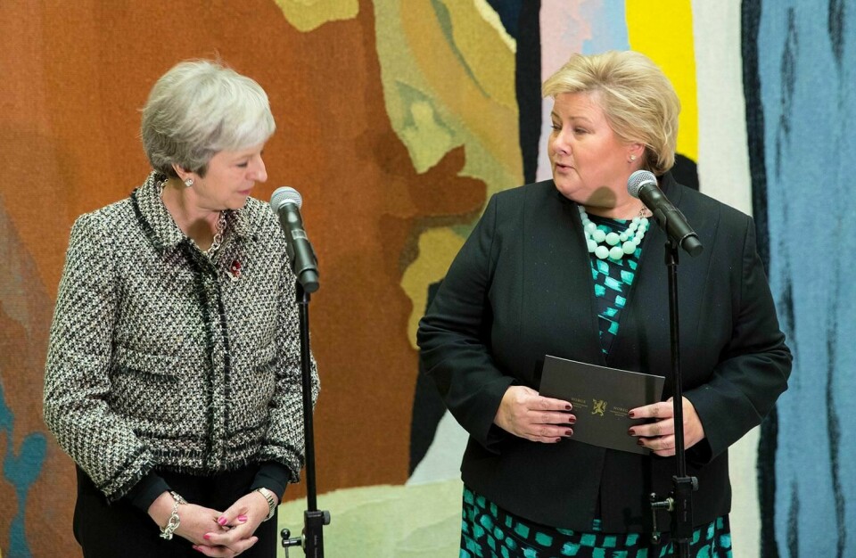 AVTALE: Norge og Storbritannia er enige om hva som skjer når Storbritannia forlater EU. Bildet viser britenes statsminister Theresa May og den norske statsministeren Erna Solberg.