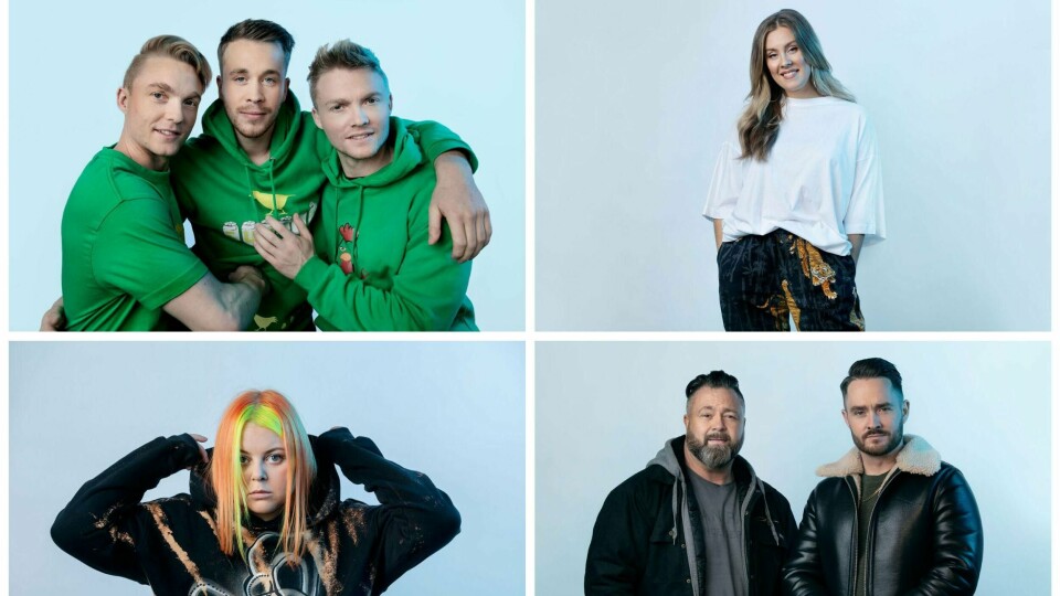 KLARE: Disse artistene er klare. De skal synge i MGP kommende lørdag. Fra venstre: TuVeia, Ane.Fin, River og Imerika.