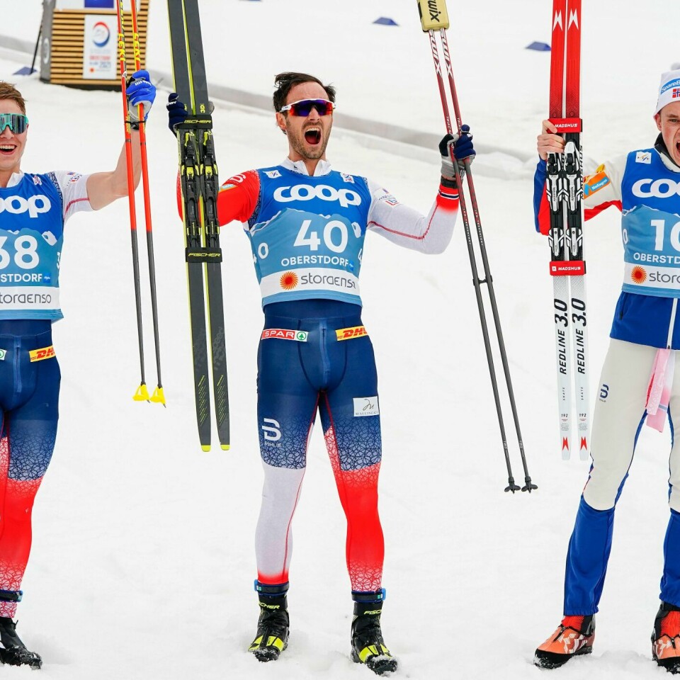 VINNERE: Onsdag var en god dag i VM på ski. Fra venstre: Harald Østberg Amundsen, Hans Christer Holund og Simen Hegstad Krüger.