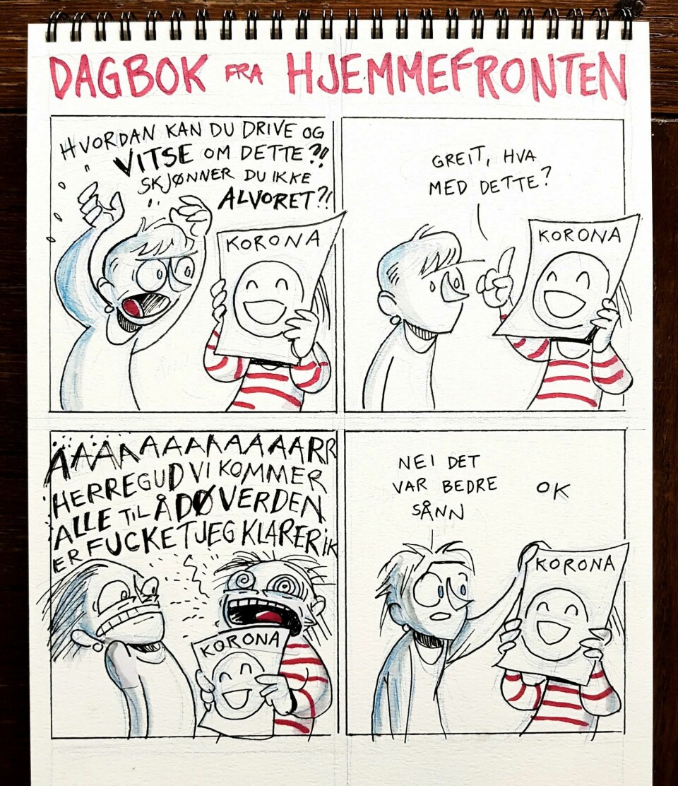 - Jeg tegnet til og med en egen stripe om det å vitse om korona, sier Therese G. Eide til NTB. Siden serien gjenspeiler hverdagen, er det ingen vei utenom. Foto: Therese G. Eide NTB kultur - Jeg tegnet til og med en egen stripe om det å vitse om korona, sier Therese G. Eide til NTB. Siden serien gjenspeiler hverdagen, er det ingen vei utenom. Foto: Therese G. Eide NTB kultur
